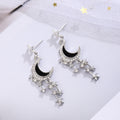 Elegant Korean Silver Alloy Crescent Moon Star Rhinestone Black White Enamel Long Tassel Drop Stud Earrings view 2