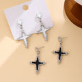 Korean Silver Alloy Enamel Star Cross Drop Earrings With Rhinestone Accents, Elegant Sweet Cool Earrings view 1