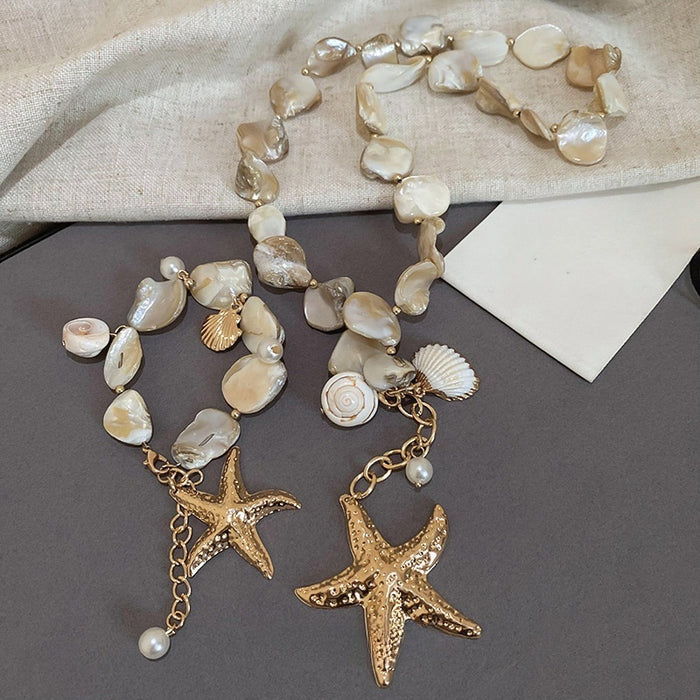 Beach Vacation Alloy Beaded Starfish Pearl Clavicle Necklace For Women Light Luxury Jewelry