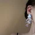 Purple Shell Flower Stud Earrings With Silver Pins And Crystal French Chic Vacation Style view 2