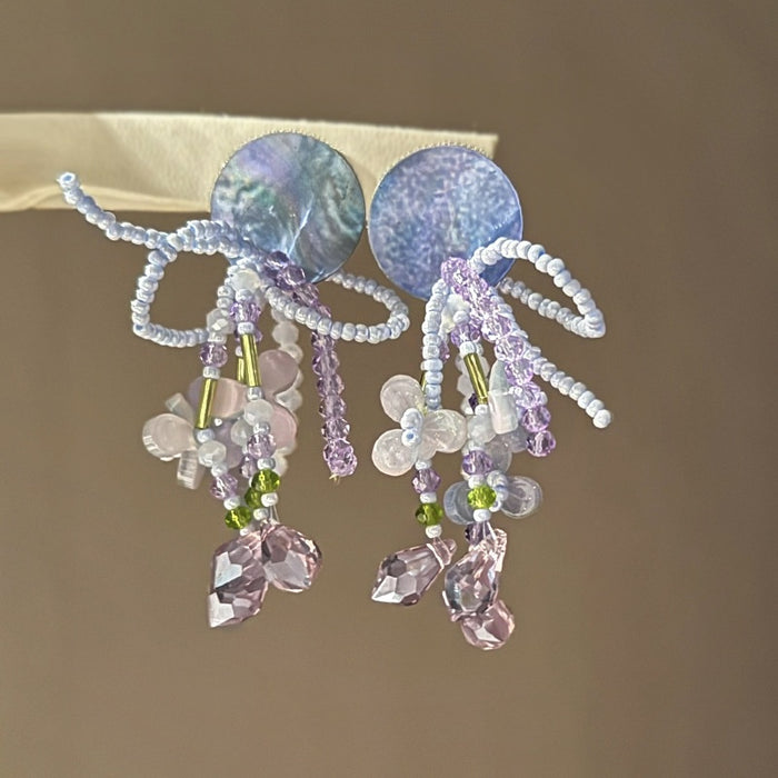 Purple Shell Flower Stud Earrings With Silver Pins And Crystal French Chic Vacation Style
