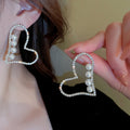 Statement Heart Faux Pearl Earrings, French Fashion Hollow Design Temperament Stud Earrings For Women view 2