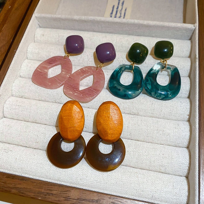 Fresh Forest Style Gradient Resin Diamond Geometric Wooden Drop Earrings for Women