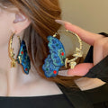 Blue Embroidered Fabric Butterfly Hoop Earrings With Silver Pins, Sweet Vintage Light Luxury Jewelry view 1