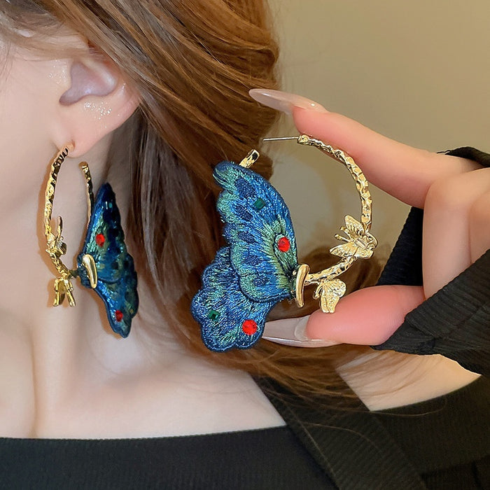 Blue Embroidered Fabric Butterfly Hoop Earrings With Silver Pins, Sweet Vintage Light Luxury Jewelry