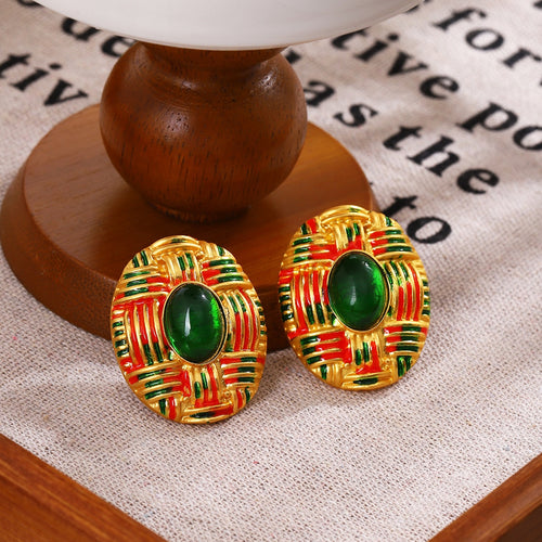 Vintage French Palace Style Geometric Oval Alloy Enamel Contrast Color Gemstone Stud Earrings