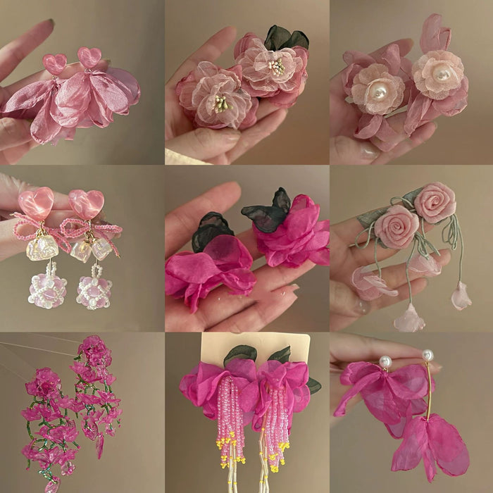 Sweet Floral Fabric Mesh Pearl Drop Earrings With Silver Pins For Fresh Fairy Forest Style