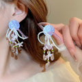 Sweet Acrylic Floral Bow Tassel Drop Earrings With Silver Needle Posts Princess Style view 3
