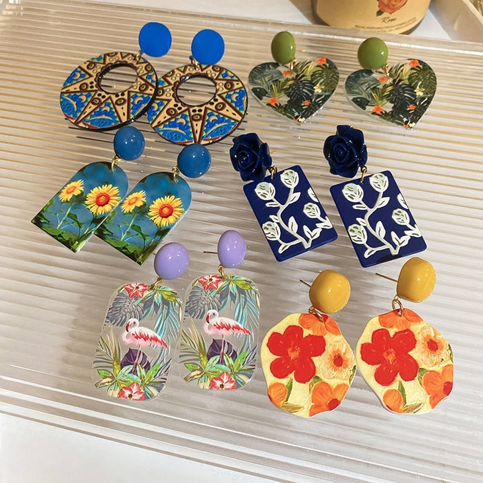 Acrylic French Oil Painting Sunflower Drop Earrings With Silver Pins, Sweet Floral Art Style