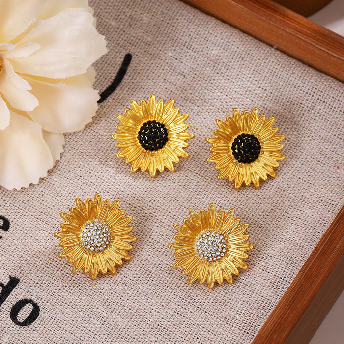 Vintage Luxury Gold Alloy Sunflower Daisy Studs With Black Crystal Rhinestone Centers For Women Earrings
