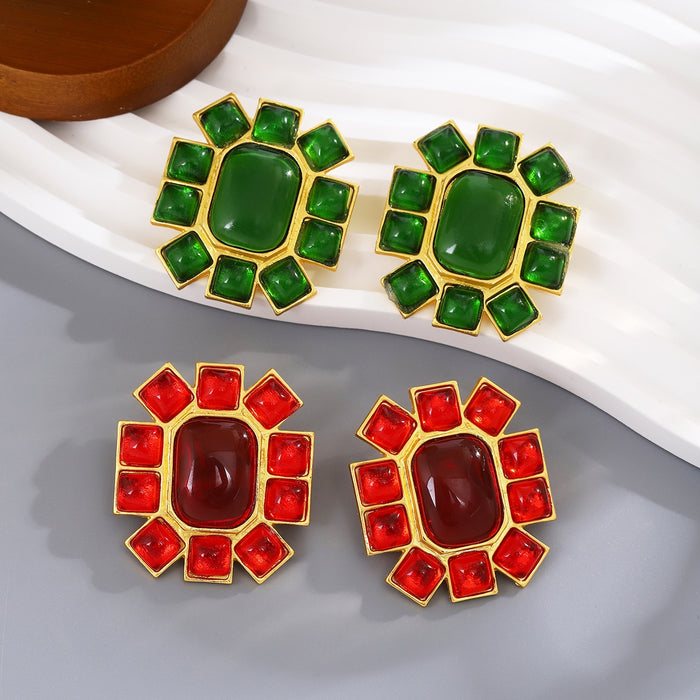 Vintage French Palace Geometric Square Green Red Crystal Alloy Studs Luxury Designer Women Earrings