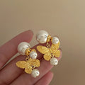 Real Gold Plated Silver Needle Freshwater Pearl Flower Drop Earrings French Chic Elegant Jewelry view 4