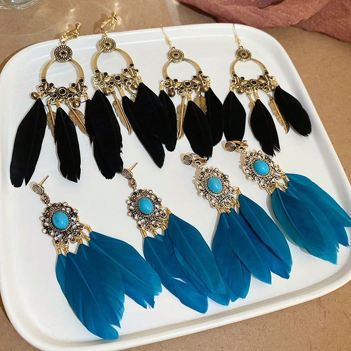 Bohemian Long Feather Tassel Drop Earrings With Silver Pins, Vintage Geometric Fashion Jewelry