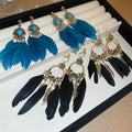 Bohemian Long Feather Tassel Drop Earrings With Silver Pins, Vintage Geometric Fashion Jewelry view 3