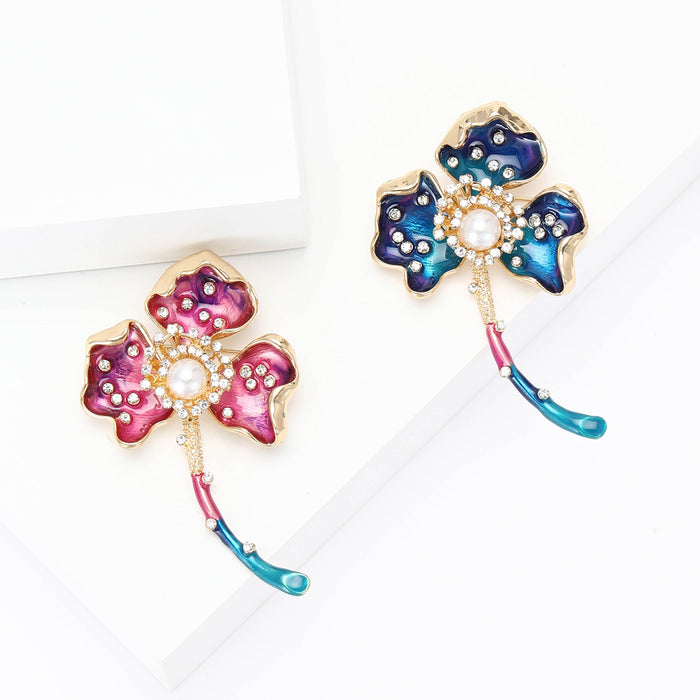 Alloy Enamel Rhinestone Clover Flower Brooch Pin For Womens Clothing