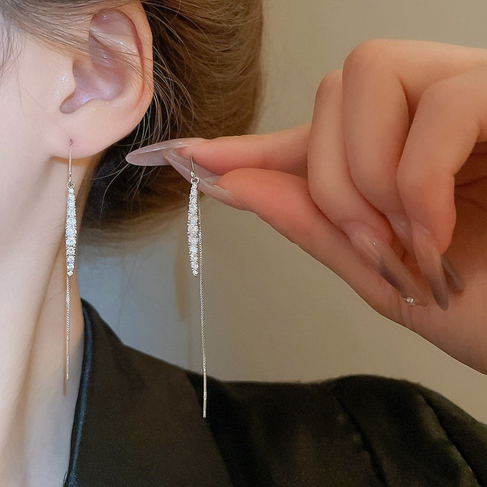 Korean Light Luxury Waterdrop Zircon Chain Tassel Drop Earrings With Silver Needle