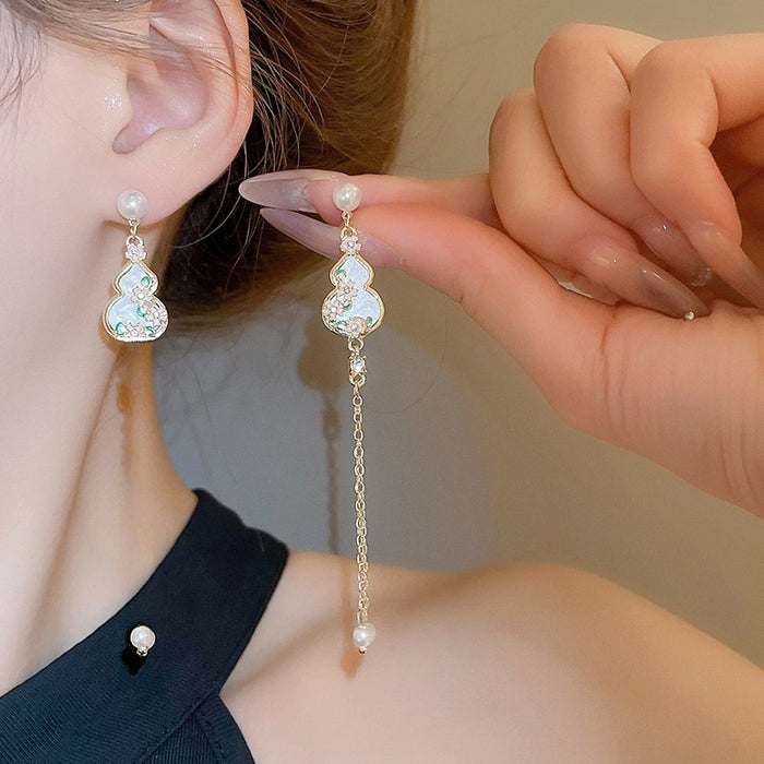 New Chinese Style Alloy Gourd Flower Pearl Tassel Drop Earrings