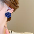 Deep Blue Resin Rose Flower Stud Earrings Vintage Elegant Light Luxury Floral Jewelry For Women view 3