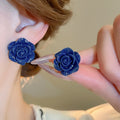 Deep Blue Resin Rose Flower Stud Earrings Vintage Elegant Light Luxury Floral Jewelry For Women view 1