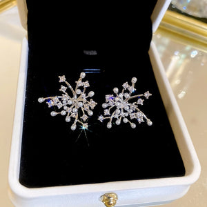 French Irregular Zircon Faux Pearl Firework Stud Earrings Geometric Silver Needle Commuter Jewelry