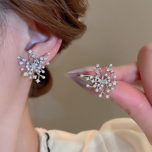 French Irregular Zircon Faux Pearl Firework Stud Earrings Geometric Silver Needle Commuter Jewelry