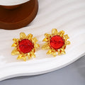 Luxury Vintage Gold Alloy Flower Studs With Emerald Red Crystal Round Centers For Women Earrings view 3