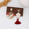 Silver Needle New Chinese Retro Enamel Cat Earrings Asymmetric Flower Fan Ancient Style Ear Jewelry view 4
