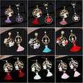 Silver Needle New Chinese Retro Enamel Cat Earrings Asymmetric Flower Fan Ancient Style Ear Jewelry view 1