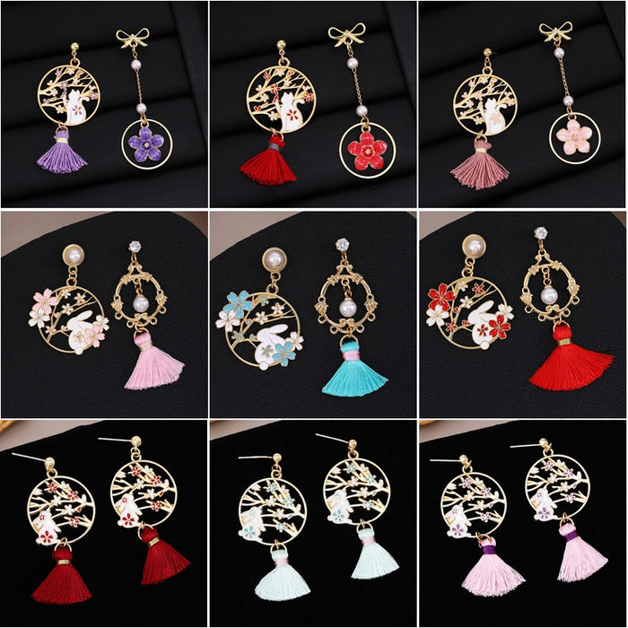 Silver Needle New Chinese Retro Enamel Cat Earrings Asymmetric Flower Fan Ancient Style Ear Jewelry