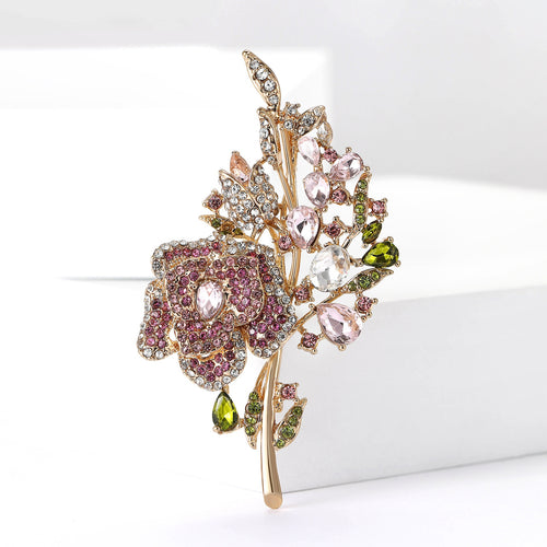 Alloy Rhinestone Rose Bouquet Brooch For Elegant Women Apparel