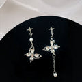 Elegant Asymmetric Butterfly Flower Rhinestone Pearl Long Tassel Alloy Silver Needle Stud Earrings view 2