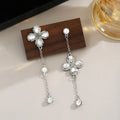 Elegant Asymmetric Butterfly Flower Rhinestone Pearl Long Tassel Alloy Silver Needle Stud Earrings view 4