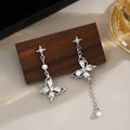 Elegant Asymmetric Butterfly Flower Rhinestone Pearl Long Tassel Alloy Silver Needle Stud Earrings view 3