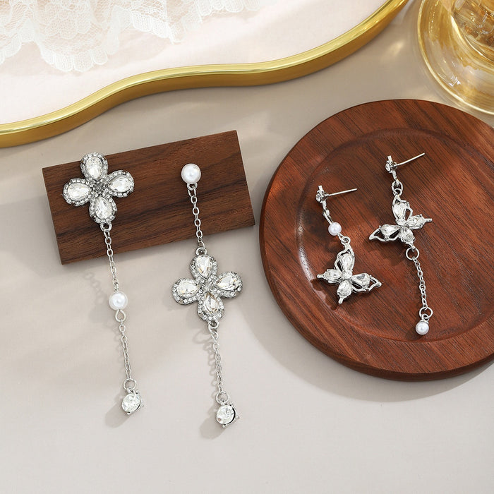 Elegant Asymmetric Butterfly Flower Rhinestone Pearl Long Tassel Alloy Silver Needle Stud Earrings