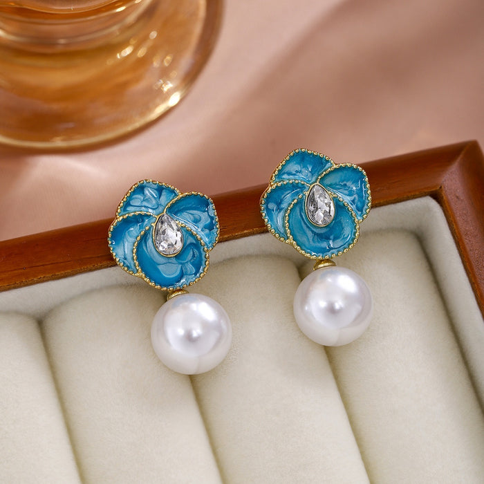 Elegant Blue Enamel Flower Pearl Studs With Rhinestone Teardrop Zircon Luxury Women's Earrings
