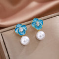 Elegant Blue Enamel Flower Pearl Studs With Rhinestone Teardrop Zircon Luxury Women's Earrings view 2