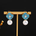 Elegant Blue Enamel Flower Pearl Studs With Rhinestone Teardrop Zircon Luxury Women's Earrings view 3