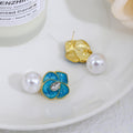 Elegant Blue Enamel Flower Pearl Studs With Rhinestone Teardrop Zircon Luxury Women's Earrings view 4