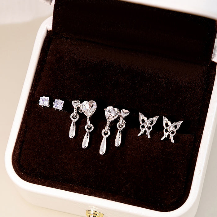 Elegant Alloy Zircon Heart Waterdrop Tassel Square Butterfly Stud Set For Women Earrings