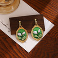 Elegant French Vintage Oval Green Enamel Rose Pearl Alloy Palace Style Light Luxury Drop Stud Earrings view 3