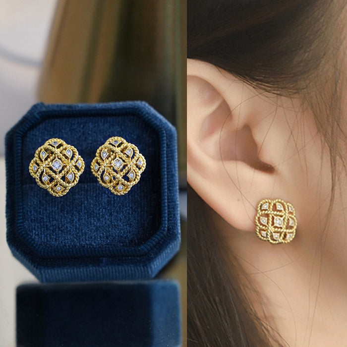 European Vintage Light Luxury Lace Zircon Stud Earrings With Hollow Floral French Design