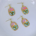 Vintage French Palace Oval Enamel Rose Pearl Alloy Drop Studs Monet Garden Oil Painting Style Earrings view 2