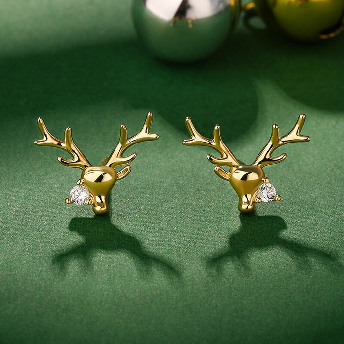 Cute Large Antler Stud Earrings For Women, Christmas Zircon Micro Pave Holiday Deer Jewelry