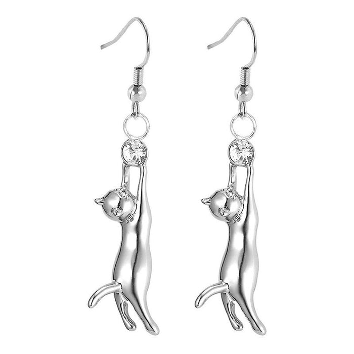 Cute Playful Stretching Cat Dangle Earrings For Women, European American Daily Animal Ear Jewelry