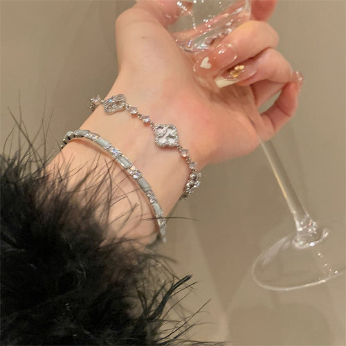 Elegant Shell Flower Zircon Bangle, Sparkling Floral Fashion Bracelet For Women