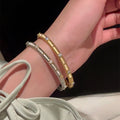 French Luxury Brushed Gold Plated Copper Flower Zircon Court Style Bangle view 2
