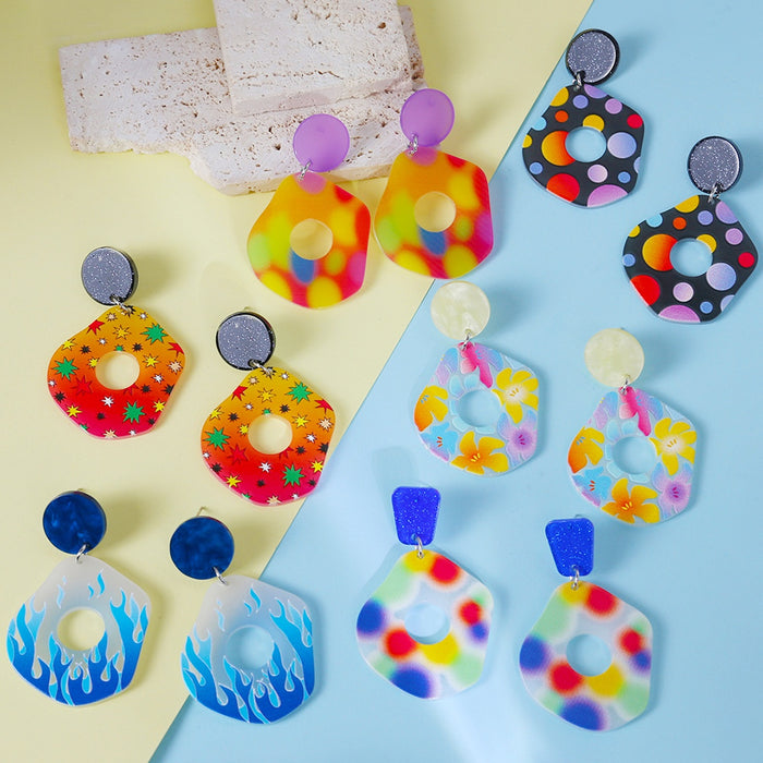 Bohemian Colorful Acrylic Polygon Dangle Earrings With Floral Flame Star Prints Statement Stud Earrings