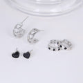 Sweet Cool Silver Alloy C-Shaped Hoop And Black Enamel Heart Stud Geometric Hollow Heart Set Earrings view 2
