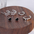 Sweet Cool Silver Alloy C-Shaped Hoop And Black Enamel Heart Stud Geometric Hollow Heart Set Earrings view 4