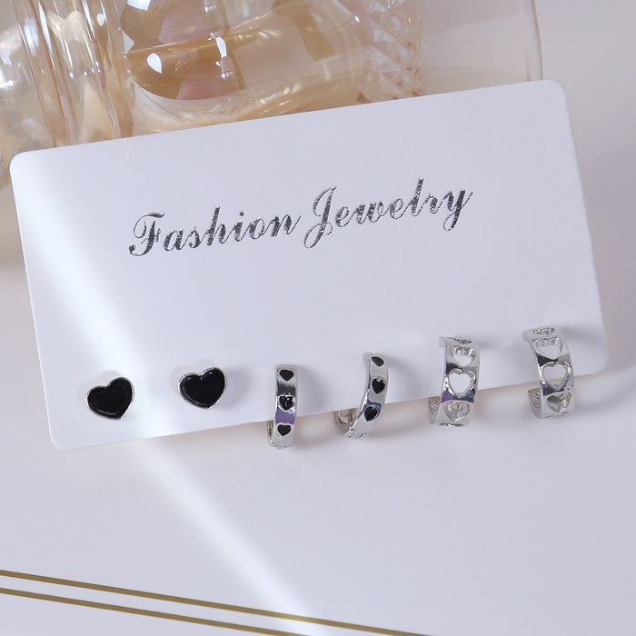 Sweet Cool Silver Alloy C-Shaped Hoop And Black Enamel Heart Stud Geometric Hollow Heart Set Earrings